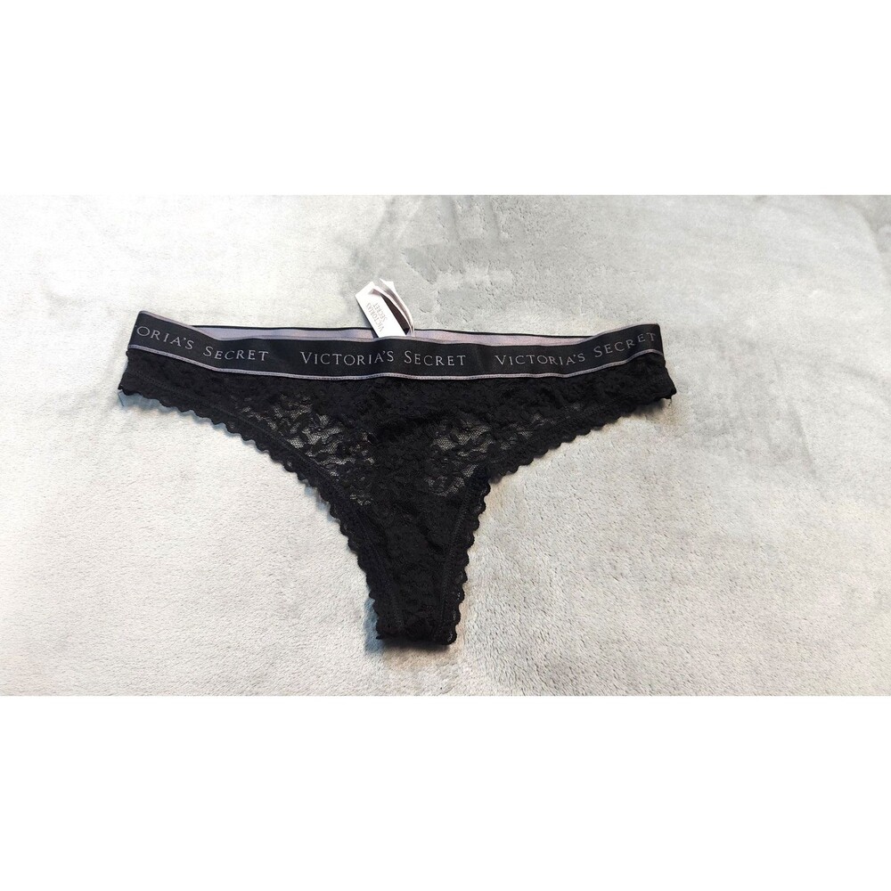 Victoria's Secret Womens Large Black Logo Cotton Thong Panty NWT